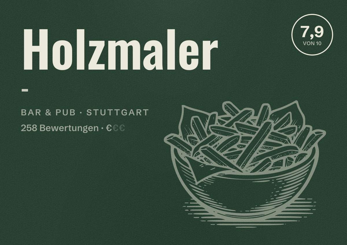 Illustriertes Poster von Holzmaler -, Bar & Pub in Stuttgart: Bewertung 7,9 von 10 aus 258 Bewertungen, Preisniveau €