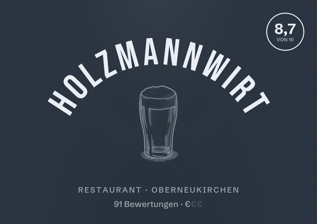 Illustriertes Poster von Holzmannwirt, Restaurant in Oberneukirchen: Bewertung 8,7 von 10 aus 91 Bewertungen, Preisniveau €