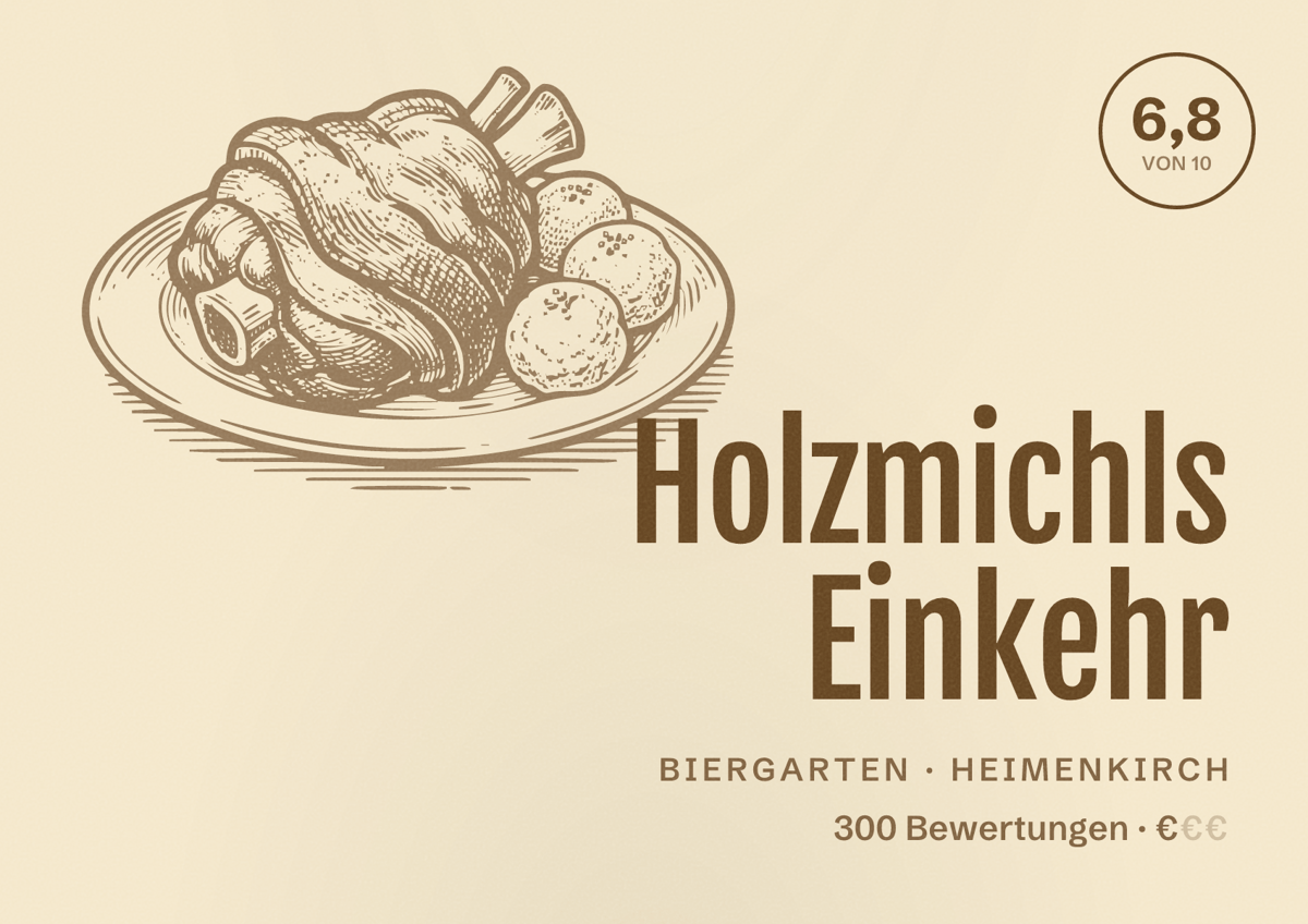 Illustriertes Poster von Holzmichls Einkehr, Biergarten in Heimenkirch: Bewertung 6,8 von 10 aus 300 Bewertungen, Preisniveau €