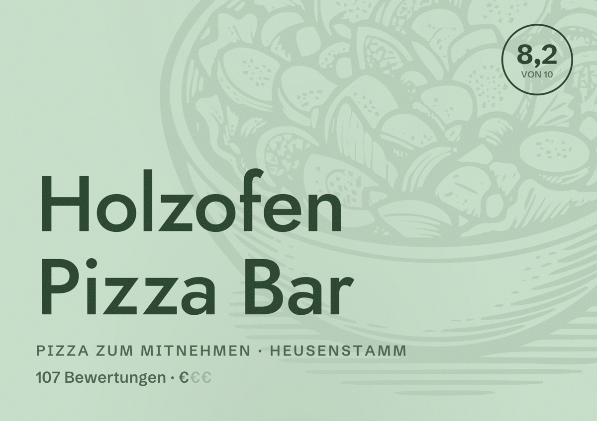 Illustriertes Poster von Holzofen Pizza Bar, Pizza zum Mitnehmen in Heusenstamm: Bewertung 8,2 von 10 aus 107 Bewertungen, Preisniveau €