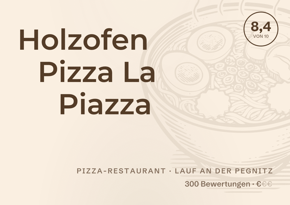Illustriertes Poster von Holzofen Pizza La Piazza, Pizza-Restaurant in Lauf an der Pegnitz: Bewertung 8,4 von 10 aus 300 Bewertungen, Preisniveau €