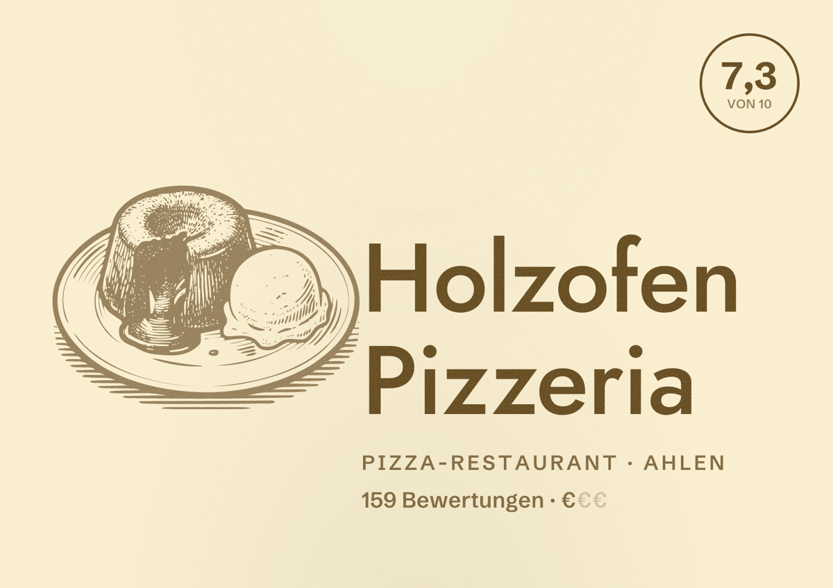 Illustriertes Poster von Holzofen Pizzeria, Pizza-Restaurant in Ahlen: Bewertung 7,3 von 10 aus 159 Bewertungen, Preisniveau €