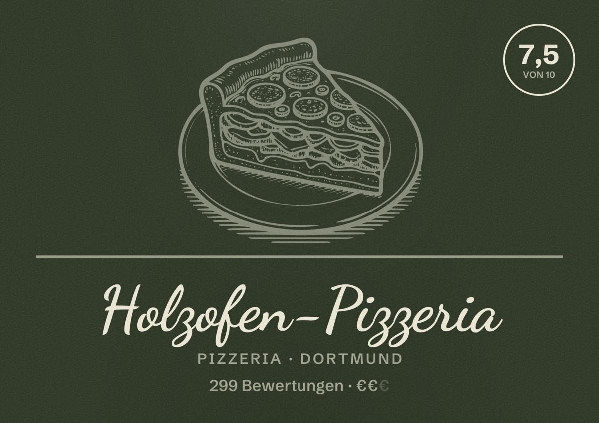 Illustriertes Poster von Holzofen-Pizzeria, Pizzeria in Dortmund: Bewertung 7,5 von 10 aus 299 Bewertungen, Preisniveau €€
