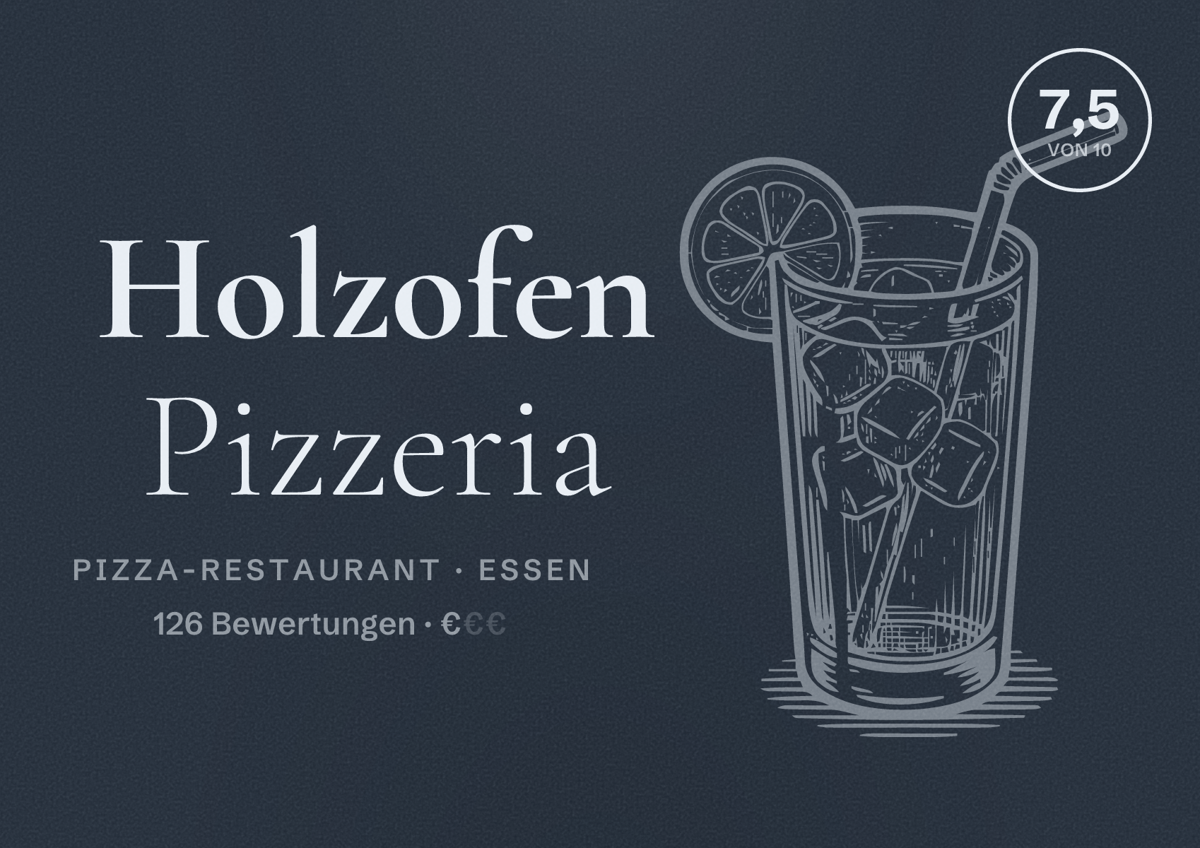 Illustriertes Poster von Holzofen Pizzeria, Pizza-Restaurant in Essen: Bewertung 7,5 von 10 aus 126 Bewertungen, Preisniveau €