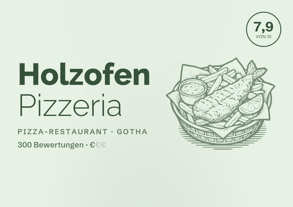 Illustriertes Poster von Holzofen Pizzeria, Pizza-Restaurant in Gotha: Bewertung 7,9 von 10 aus 300 Bewertungen, Preisniveau €