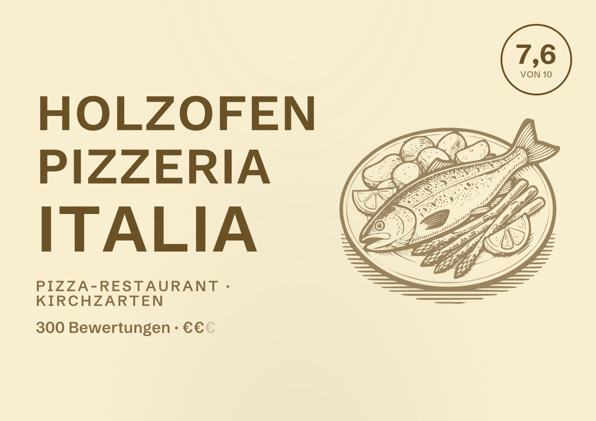 Illustriertes Poster von Holzofen Pizzeria Italia, Pizza-Restaurant in Kirchzarten: Bewertung 7,6 von 10 aus 300 Bewertungen, Preisniveau €€