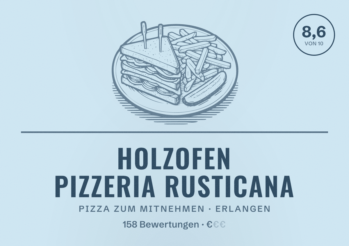 Illustriertes Poster von Holzofen Pizzeria rusticana, Pizza zum Mitnehmen in Erlangen: Bewertung 8,6 von 10 aus 158 Bewertungen, Preisniveau €