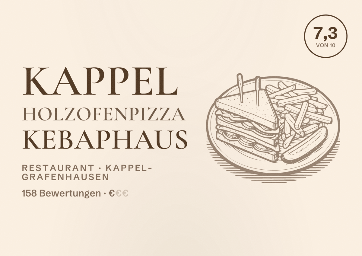 Illustriertes Poster von Kappel Holzofenpizza Kebaphaus, Restaurant in Kappel-Grafenhausen: Bewertung 7,3 von 10 aus 158 Bewertungen, Preisniveau €