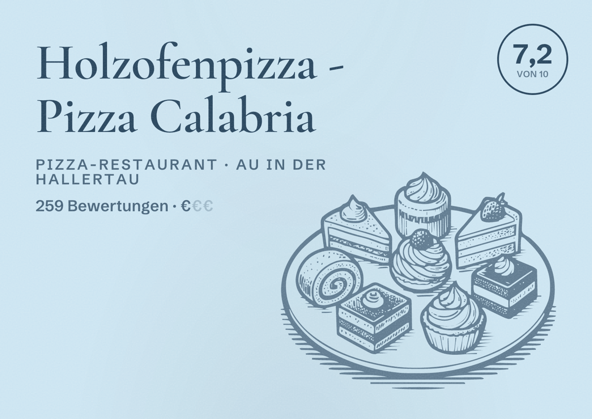 Illustriertes Poster von Holzofenpizza - Pizza Calabria, Pizza-Restaurant in Au in der Hallertau: Bewertung 7,2 von 10 aus 259 Bewertungen, Preisniveau €