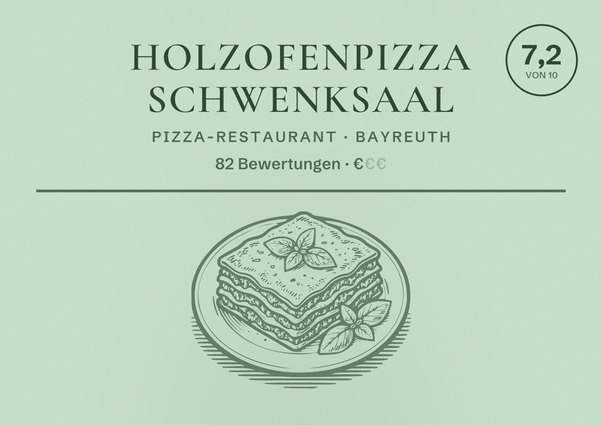 Illustriertes Poster von HolzofenPizza Schwenksaal, Pizza-Restaurant in Bayreuth: Bewertung 7,2 von 10 aus 82 Bewertungen, Preisniveau €