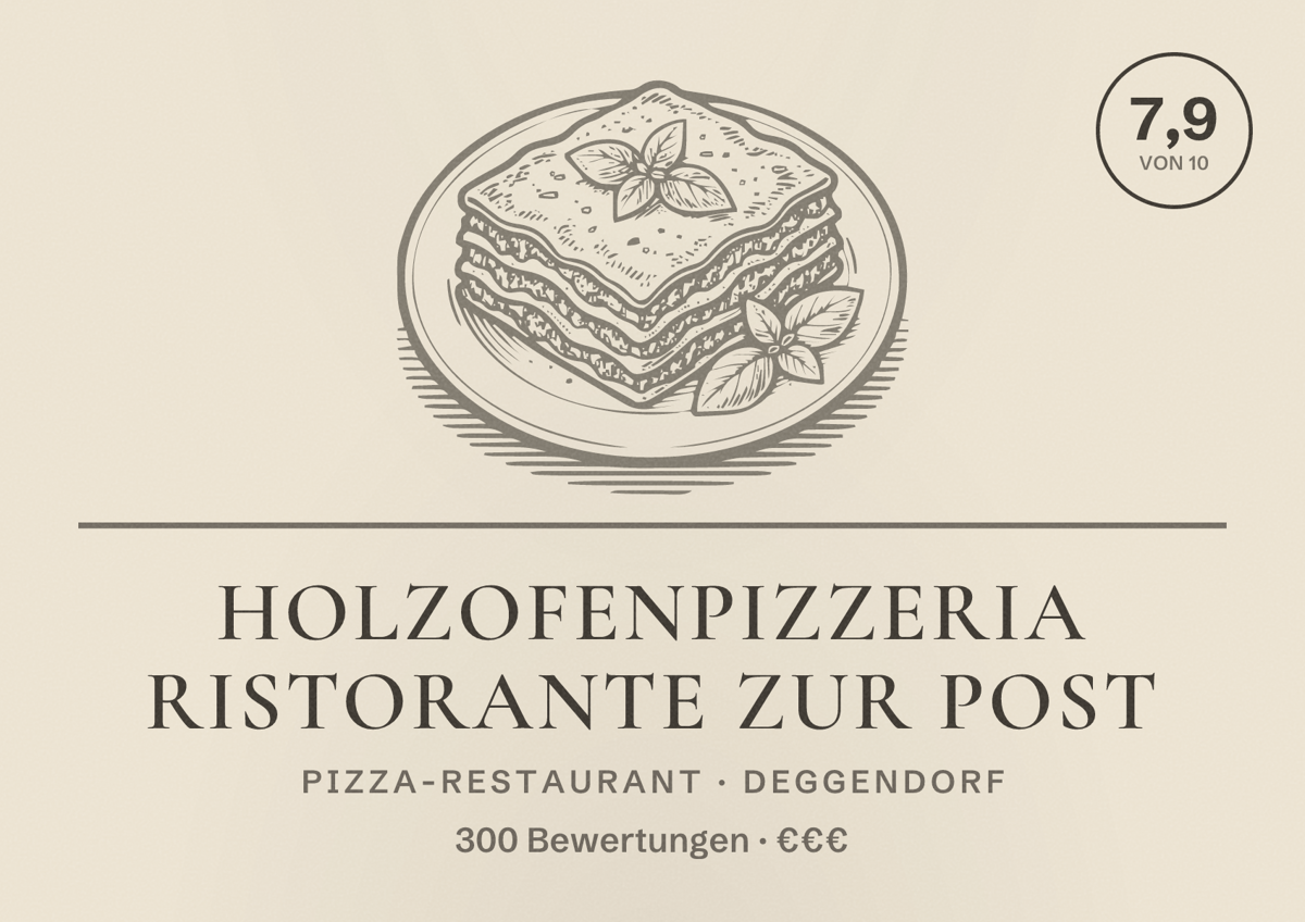 Illustriertes Poster von Holzofenpizzeria Ristorante Zur Post, Pizza-Restaurant in Deggendorf: Bewertung 7,9 von 10 aus 300 Bewertungen, Preisniveau €€€