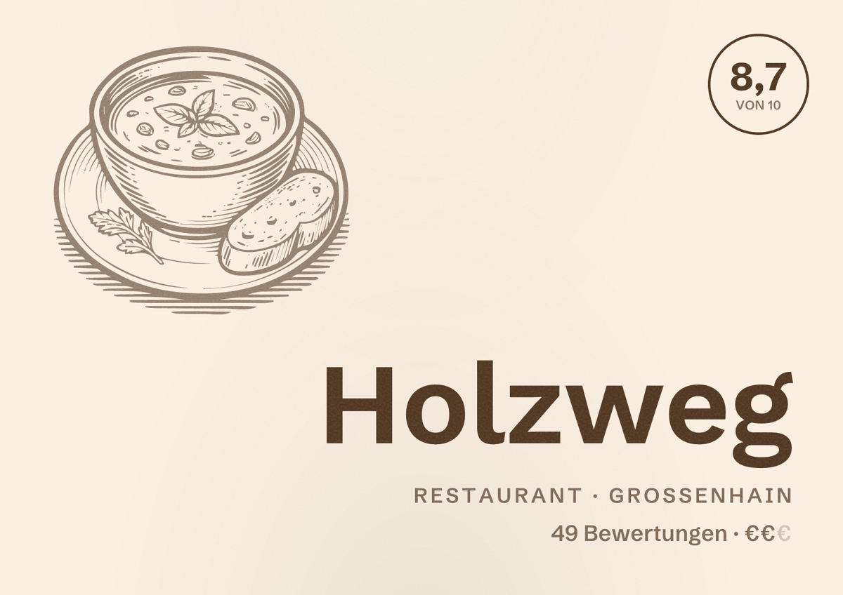 Illustriertes Poster von Holzweg, Restaurant in Großenhain: Bewertung 8,7 von 10 aus 49 Bewertungen, Preisniveau €€