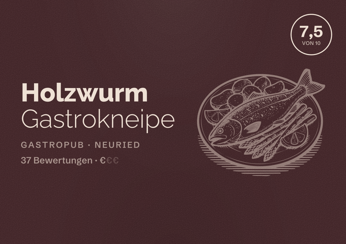 Illustriertes Poster von Holzwurm Gastrokneipe, Gastropub in Neuried: Bewertung 7,5 von 10 aus 37 Bewertungen, Preisniveau €