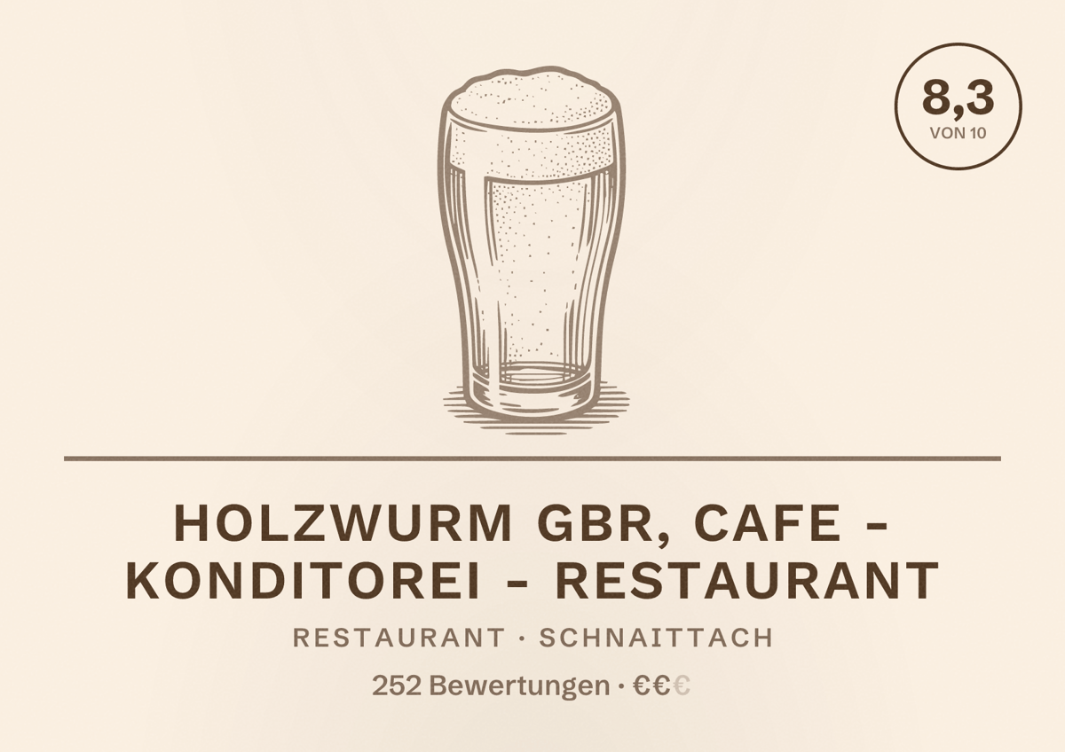 Illustriertes Poster von Holzwurm GbR, Cafe - Konditorei - Restaurant, Restaurant in Schnaittach: Bewertung 8,3 von 10 aus 252 Bewertungen, Preisniveau €€