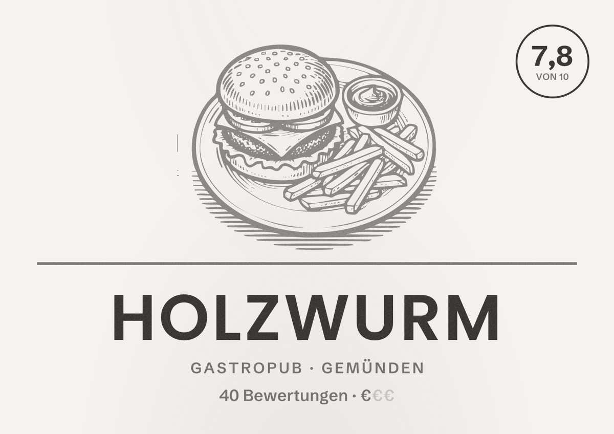 Illustriertes Poster von Holzwurm, Gastropub in Gemünden: Bewertung 7,8 von 10 aus 40 Bewertungen, Preisniveau €