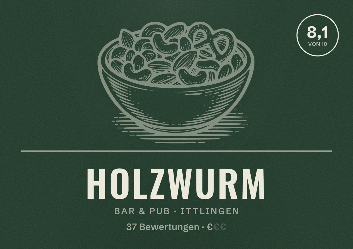 Illustriertes Poster von Holzwurm, Bar & Pub in Ittlingen: Bewertung 8,1 von 10 aus 37 Bewertungen, Preisniveau €