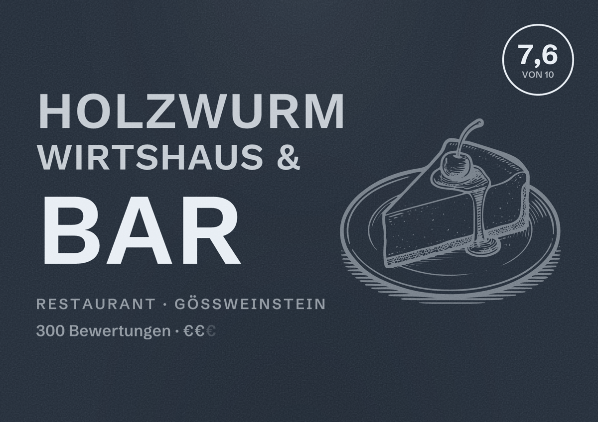 Illustriertes Poster von Holzwurm WIRTSHAUS & BAR, Restaurant in Gößweinstein: Bewertung 7,6 von 10 aus 300 Bewertungen, Preisniveau €€