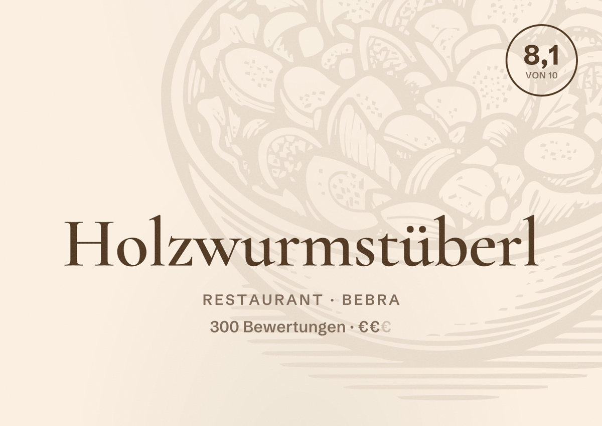 Illustriertes Poster von Holzwurmstüberl, Restaurant in Bebra: Bewertung 8,1 von 10 aus 300 Bewertungen, Preisniveau €€