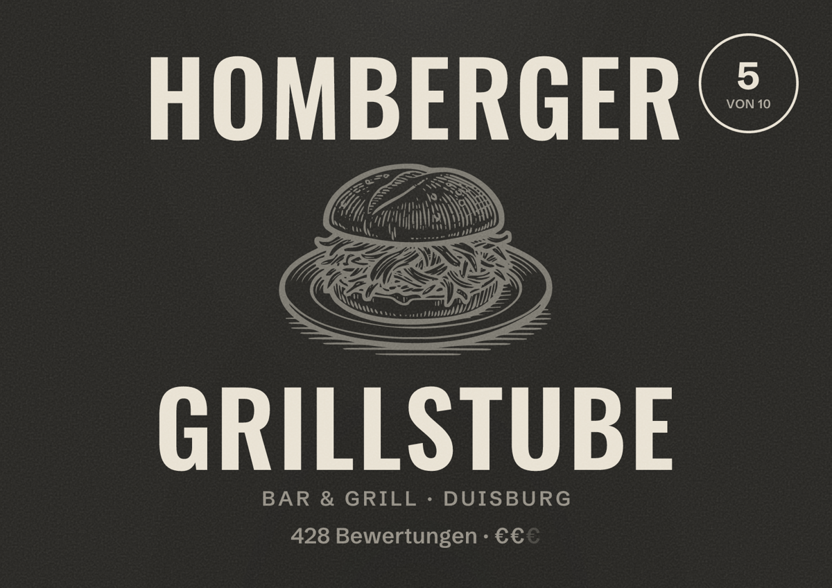 Illustriertes Poster von Homberger Grillstube, Bar & Grill in Duisburg: Bewertung 5 von 10 aus 428 Bewertungen, Preisniveau €€