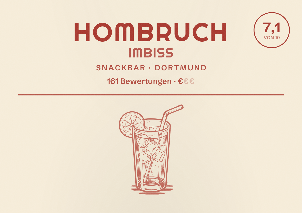 Illustriertes Poster von Hombruch Imbiss, Snackbar in Dortmund: Bewertung 7,1 von 10 aus 161 Bewertungen, Preisniveau €