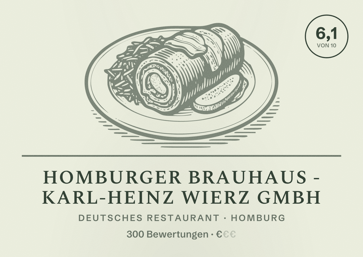 Illustriertes Poster von Homburger Brauhaus - Karl-Heinz Wierz GmbH, Deutsches Restaurant in Homburg: Bewertung 6,1 von 10 aus 300 Bewertungen, Preisniveau €