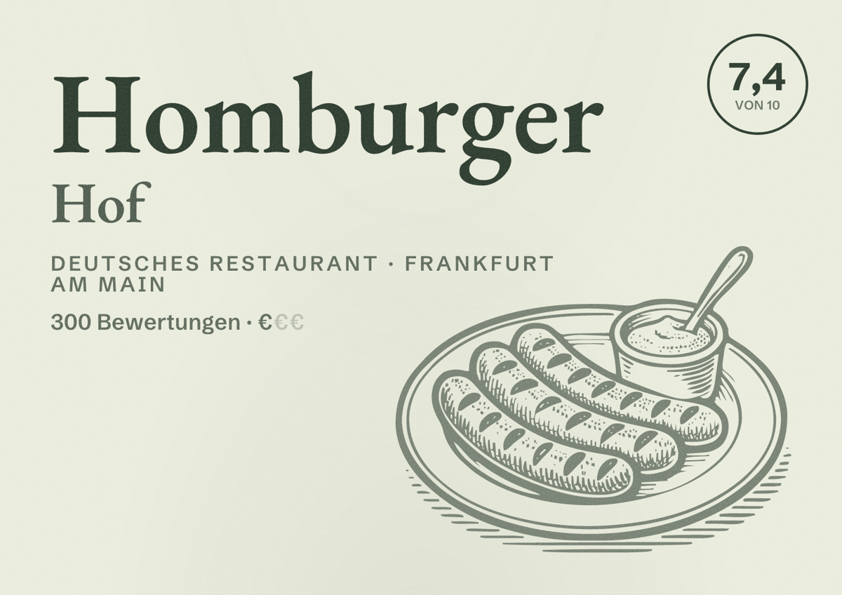 Illustriertes Poster von Homburger Hof, Deutsches Restaurant in Frankfurt am Main: Bewertung 7,4 von 10 aus 300 Bewertungen, Preisniveau €
