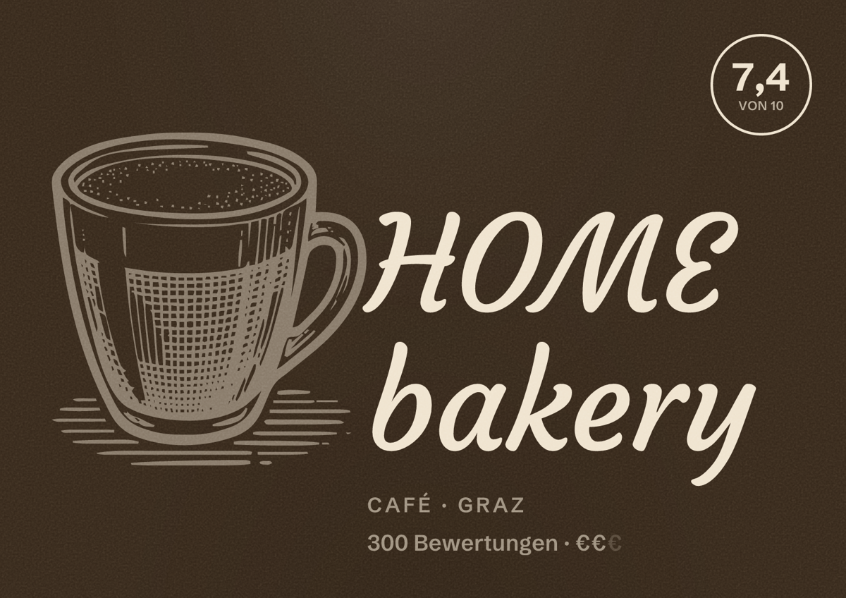 Illustriertes Poster von HOME bakery, Café in Graz: Bewertung 7,4 von 10 aus 300 Bewertungen, Preisniveau €€
