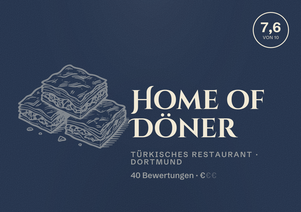 Illustriertes Poster von Home of Döner, Türkisches Restaurant in Dortmund: Bewertung 7,6 von 10 aus 40 Bewertungen, Preisniveau €