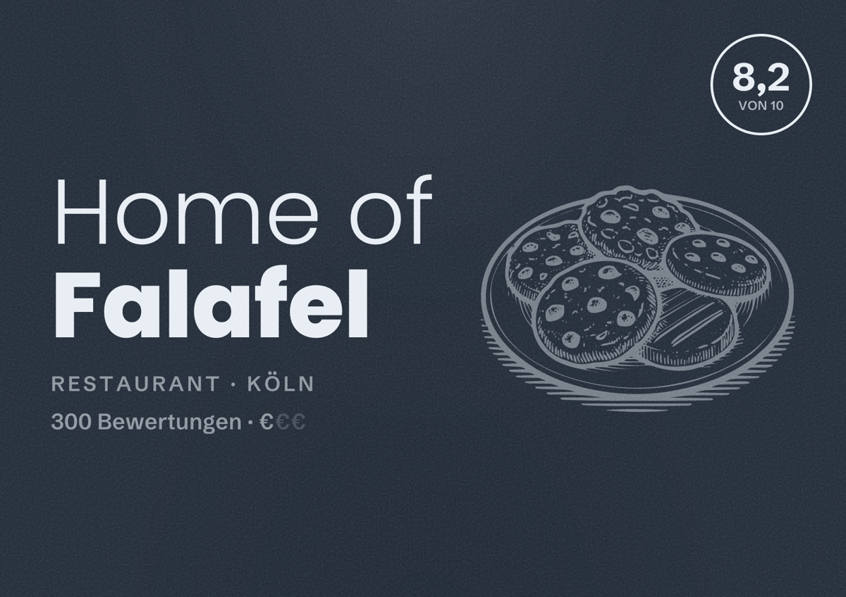 Illustriertes Poster von Home of Falafel, Restaurant in Köln: Bewertung 8,2 von 10 aus 300 Bewertungen, Preisniveau €