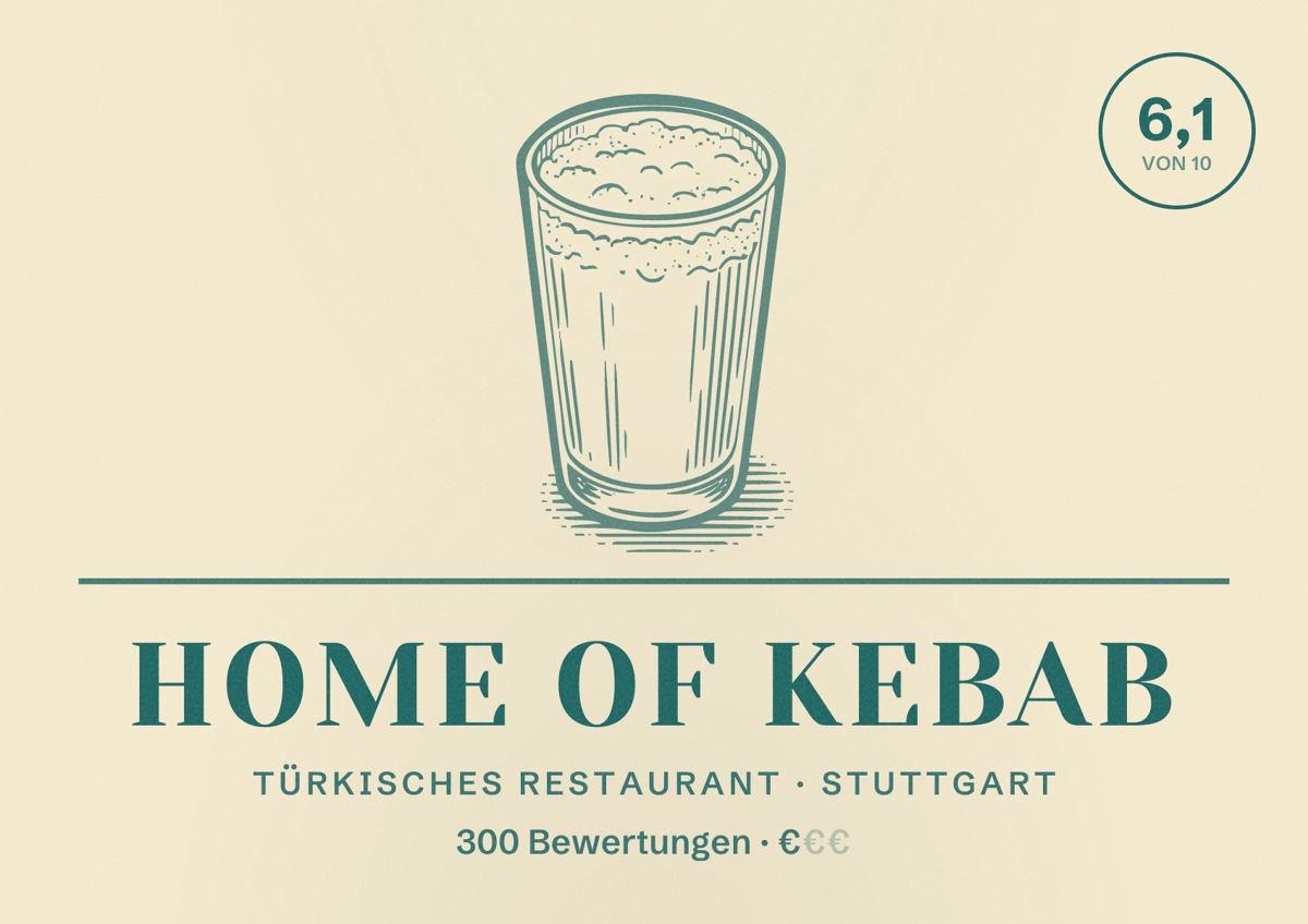 Illustriertes Poster von Home of Kebab, Türkisches Restaurant in Stuttgart: Bewertung 6,1 von 10 aus 300 Bewertungen, Preisniveau €