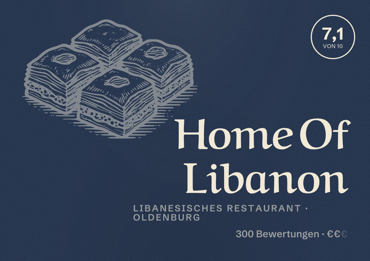 Illustriertes Poster von Home Of Libanon, Libanesisches Restaurant in Oldenburg: Bewertung 7,1 von 10 aus 300 Bewertungen, Preisniveau €€