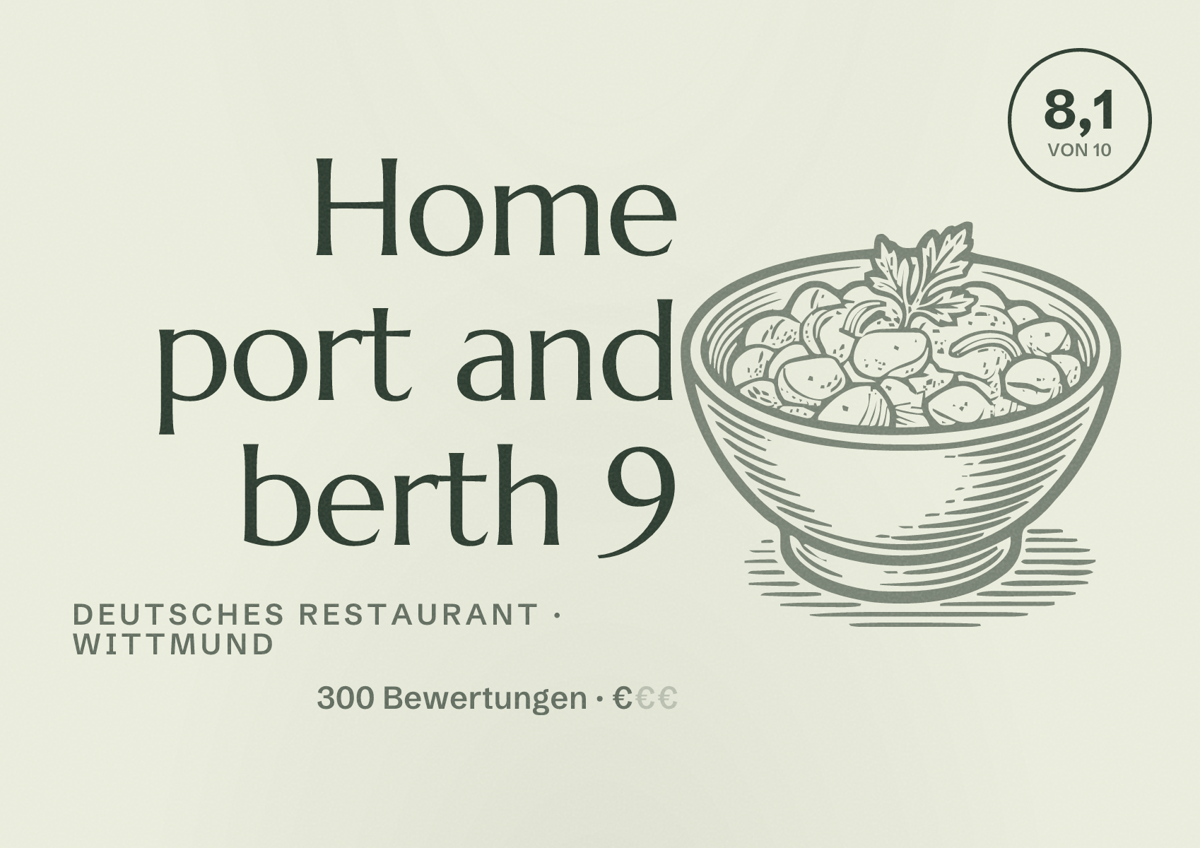 Illustriertes Poster von Home port and berth 9, Deutsches Restaurant in Wittmund: Bewertung 8,1 von 10 aus 300 Bewertungen, Preisniveau €