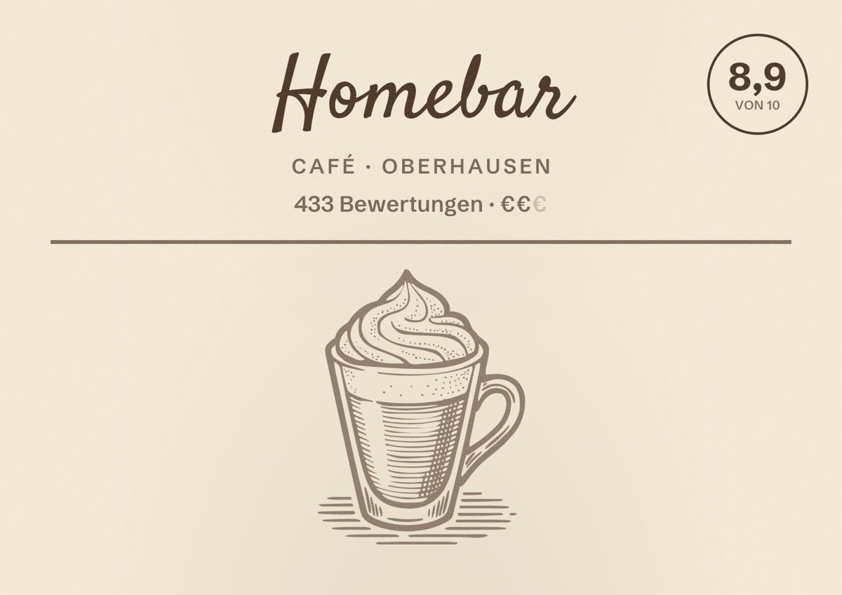 Illustriertes Poster von Homebar, Café in Oberhausen: Bewertung 8,9 von 10 aus 433 Bewertungen, Preisniveau €€