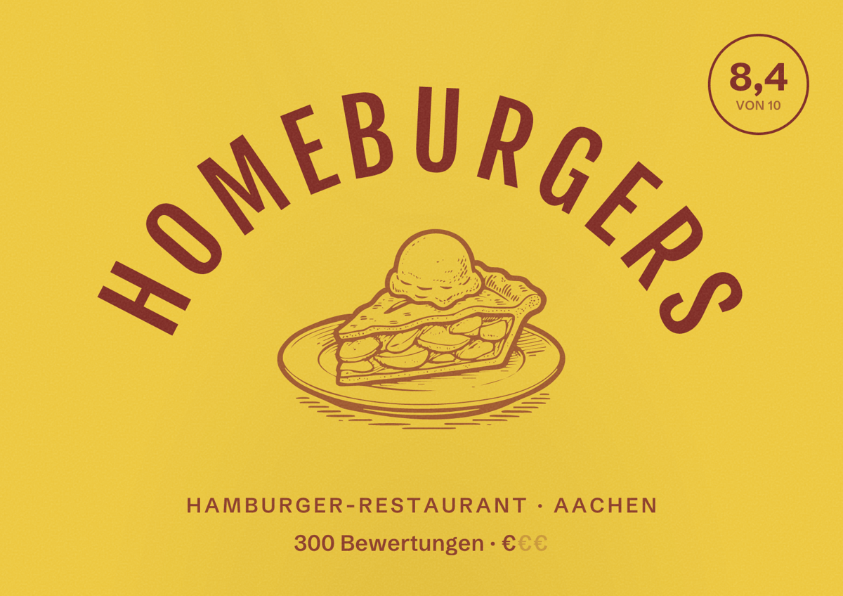 Illustriertes Poster von HOMEBURGERS, Hamburger-Restaurant in Aachen: Bewertung 8,4 von 10 aus 300 Bewertungen, Preisniveau €