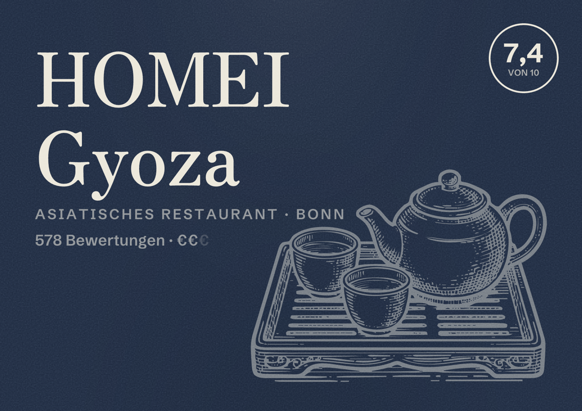 Illustriertes Poster von HOMEI Gyoza, Asiatisches Restaurant in Bonn: Bewertung 7,4 von 10 aus 578 Bewertungen, Preisniveau €€