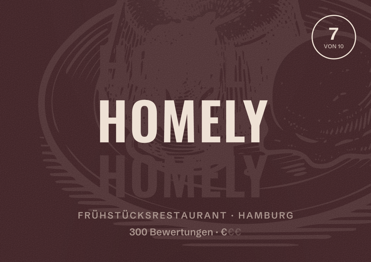 Illustriertes Poster von Homely, Frühstücksrestaurant in Hamburg: Bewertung 7,0 von 10 aus 300 Bewertungen, Preisniveau €
