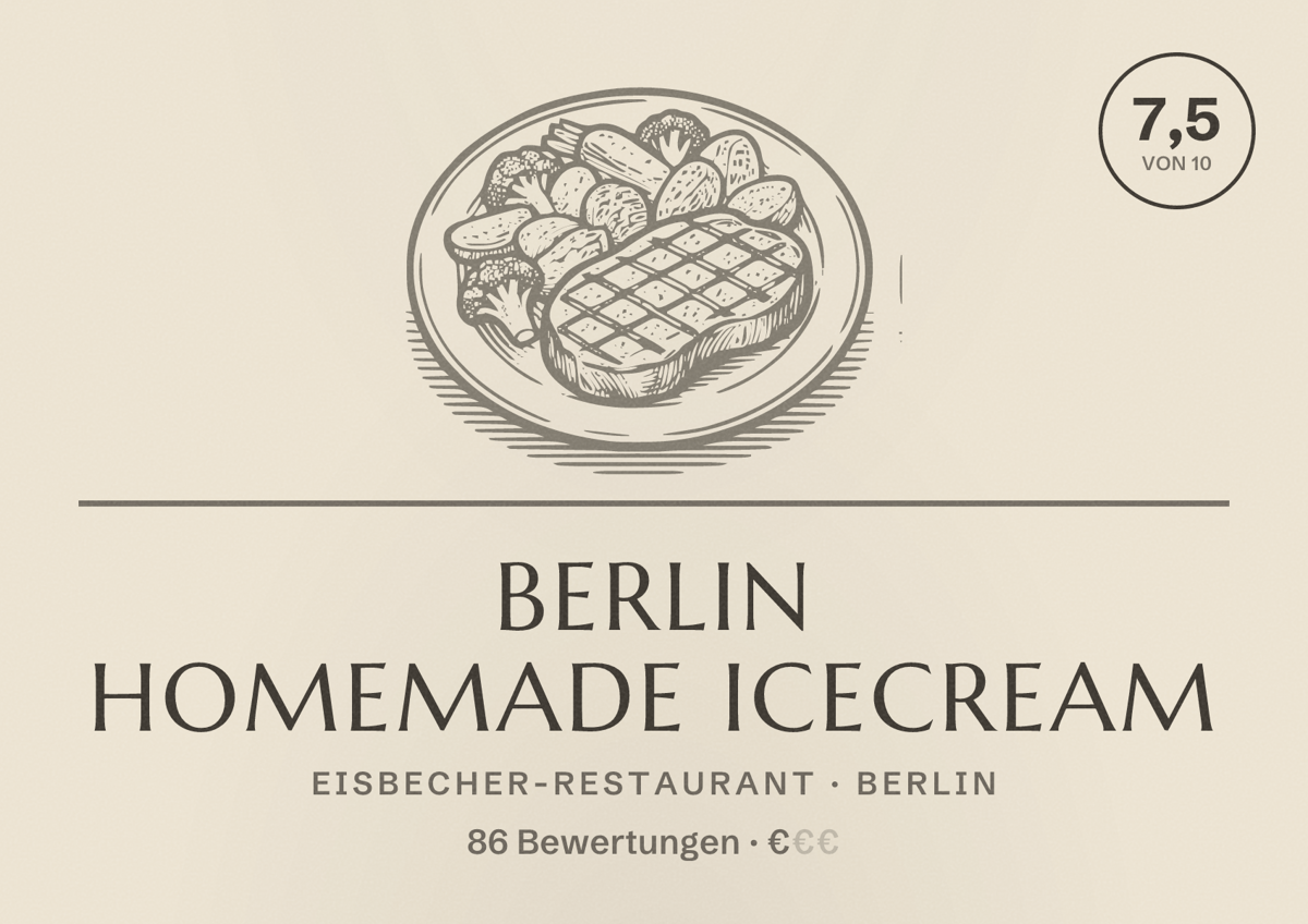 Illustriertes Poster von Berlin Homemade Icecream, Eisbecher-Restaurant in Berlin: Bewertung 7,5 von 10 aus 86 Bewertungen, Preisniveau €