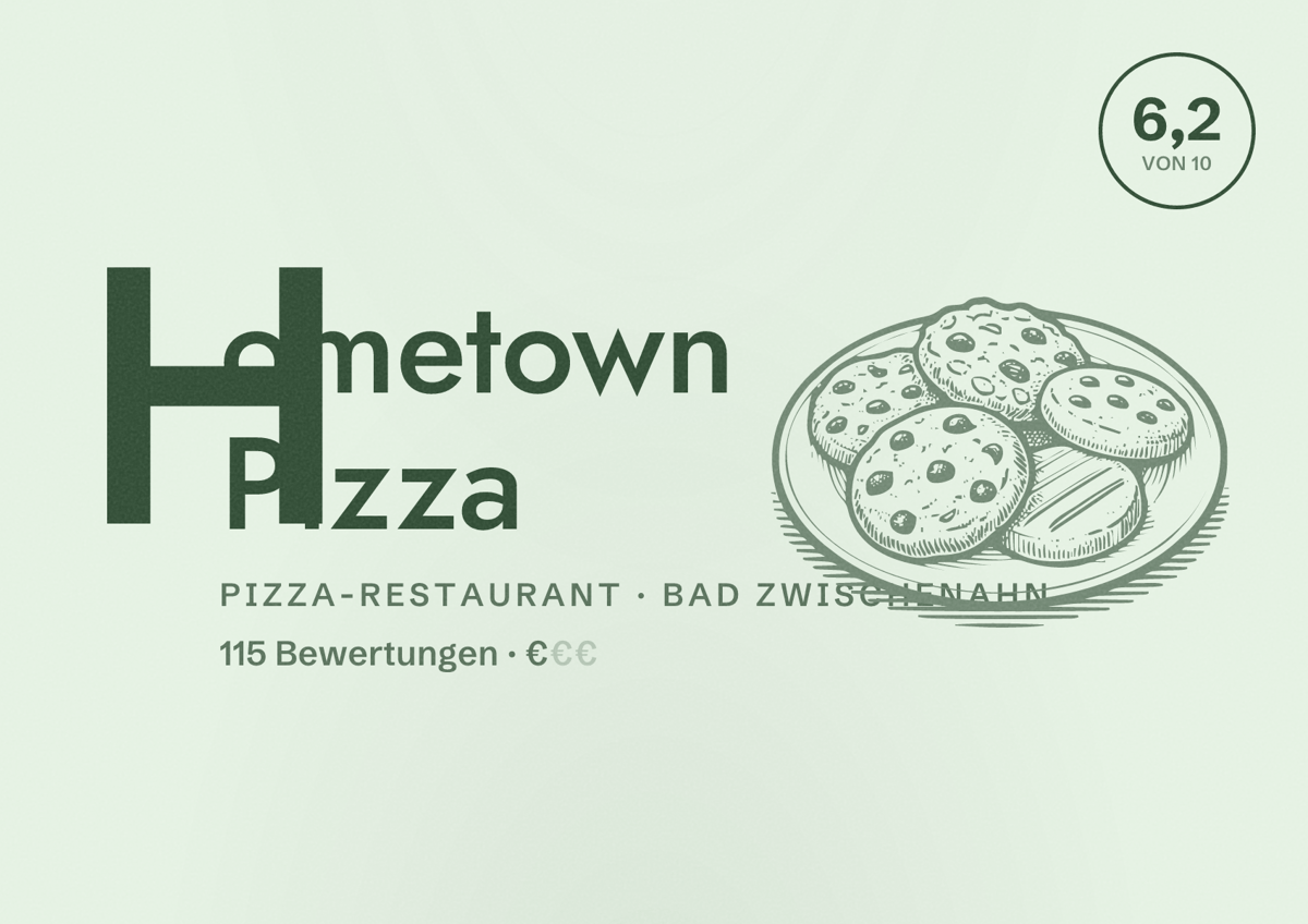 Illustriertes Poster von Hometown Pizza, Pizza-Restaurant in Bad Zwischenahn: Bewertung 6,2 von 10 aus 115 Bewertungen, Preisniveau €