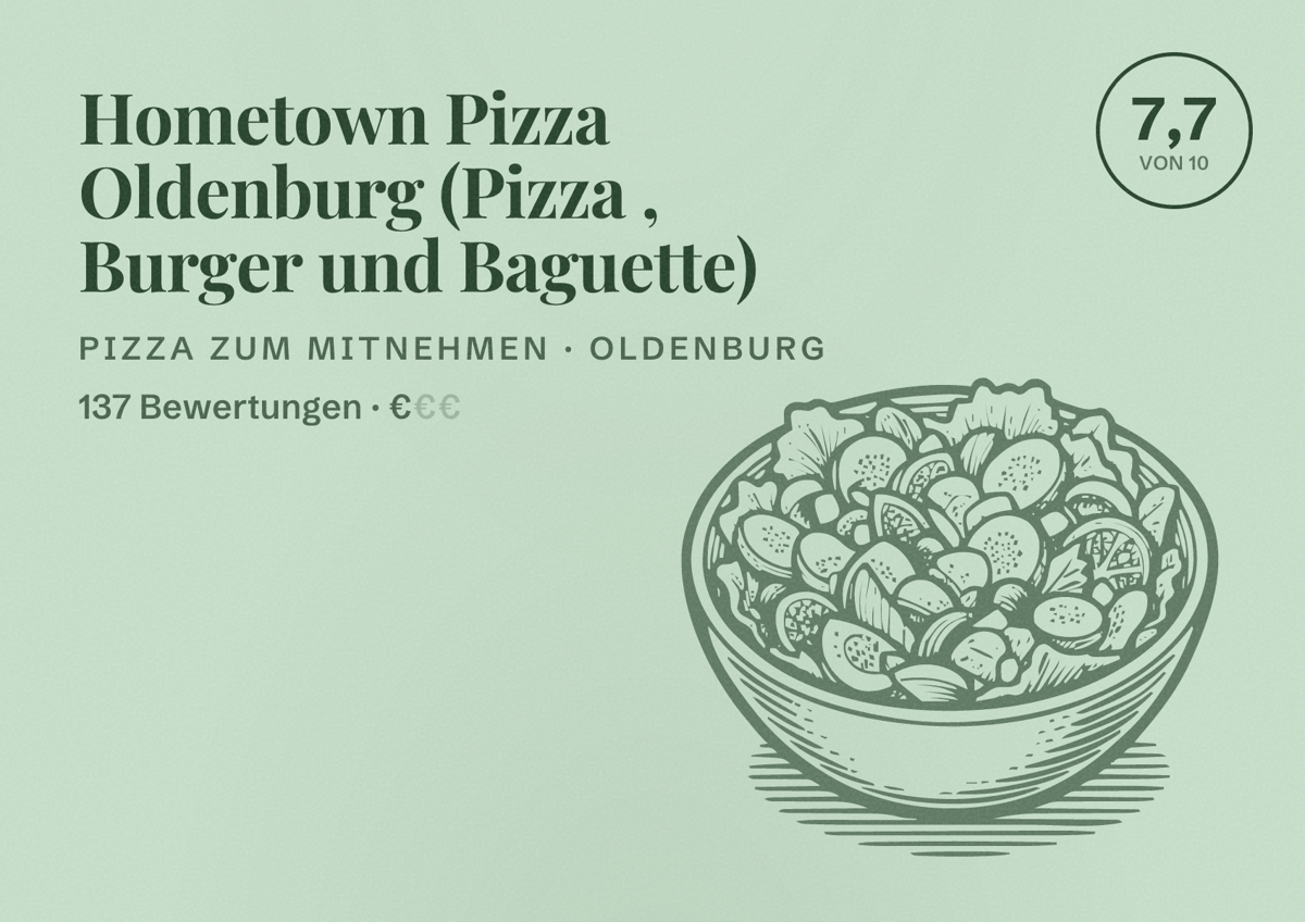 Illustriertes Poster von Hometown Pizza Oldenburg (Pizza , Burger und Baguette), Pizza zum Mitnehmen in Oldenburg: Bewertung 7,7 von 10 aus 137 Bewertungen, Preisniveau €