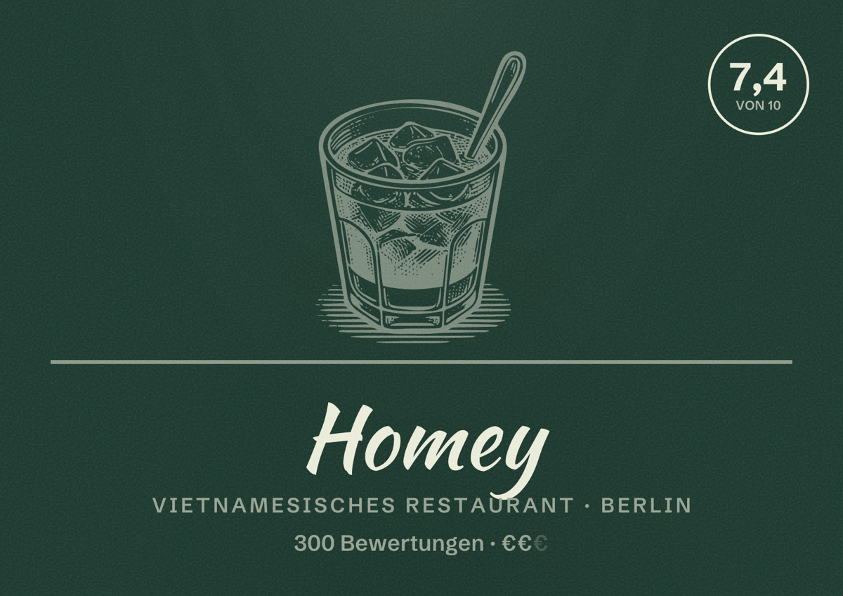 Illustriertes Poster von Homey, Vietnamesisches Restaurant in Berlin: Bewertung 7,4 von 10 aus 300 Bewertungen, Preisniveau €€