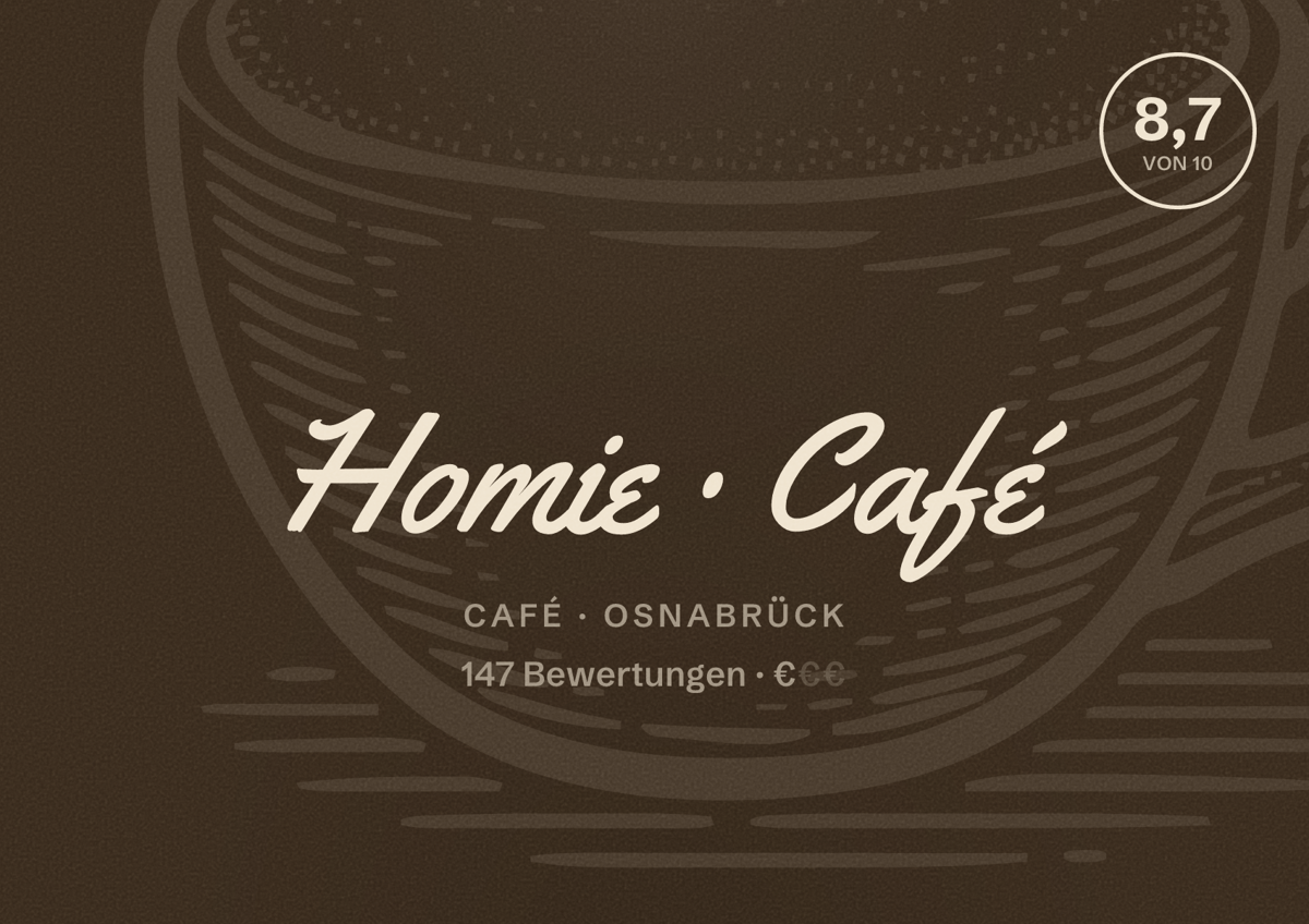 Illustriertes Poster von Homie Café, Café in Osnabrück: Bewertung 8,7 von 10 aus 147 Bewertungen, Preisniveau €