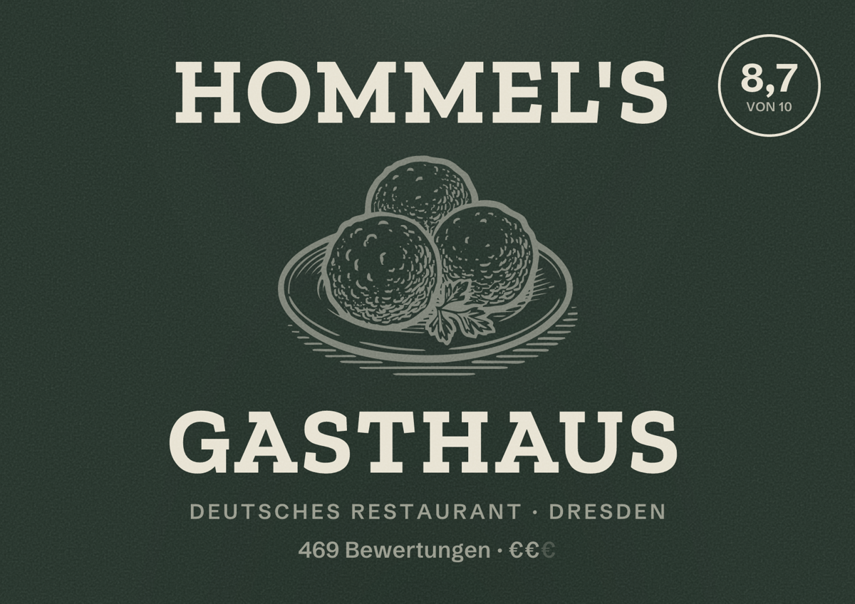 Illustriertes Poster von Hommel's Gasthaus, Deutsches Restaurant in Dresden: Bewertung 8,7 von 10 aus 469 Bewertungen, Preisniveau €€