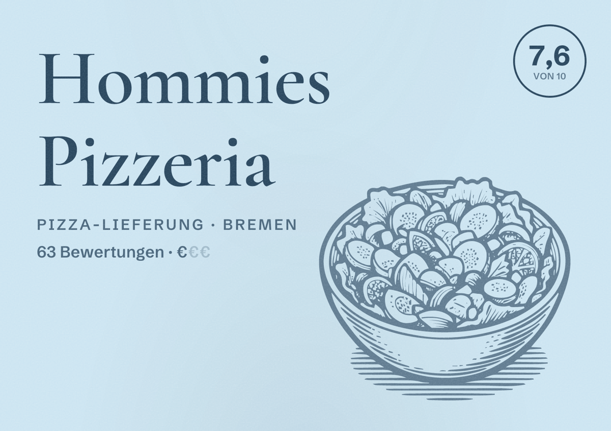 Illustriertes Poster von Hommies Pizzeria, Pizza-Lieferung in Bremen: Bewertung 7,6 von 10 aus 63 Bewertungen, Preisniveau €