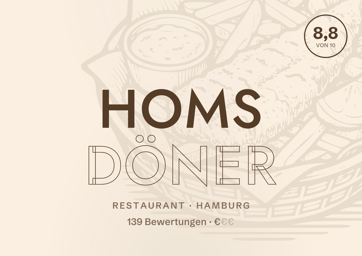 Illustriertes Poster von Homs Döner, Restaurant in Hamburg: Bewertung 8,8 von 10 aus 139 Bewertungen, Preisniveau €
