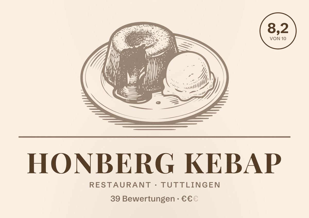 Illustriertes Poster von Honberg Kebap, Restaurant in Tuttlingen: Bewertung 8,2 von 10 aus 39 Bewertungen, Preisniveau €€