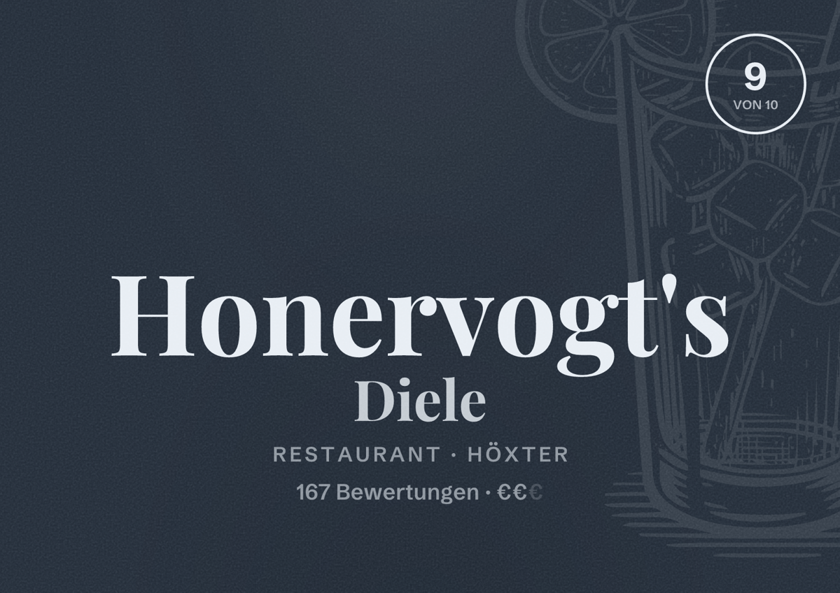 Illustriertes Poster von Honervogt's Diele, Restaurant in Höxter: Bewertung 9 von 10 aus 167 Bewertungen, Preisniveau €€