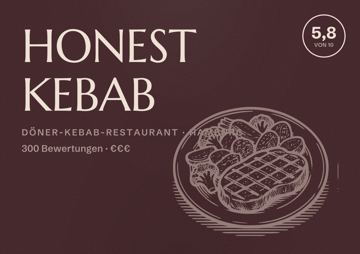 Illustriertes Poster von HONEST KEBAB, Döner-Kebab-Restaurant in Hamburg: Bewertung 5,8 von 10 aus 300 Bewertungen, Preisniveau €€€