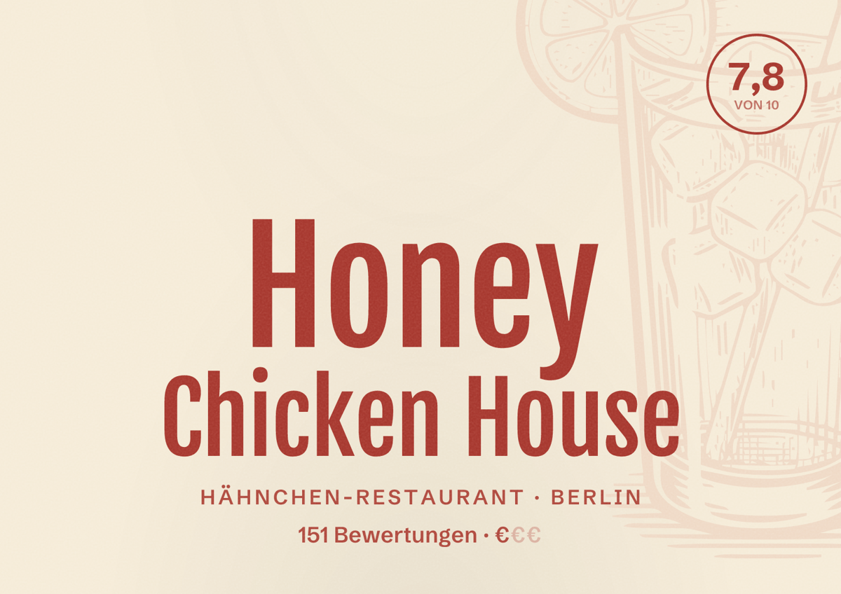 Illustriertes Poster von Honey Chicken House, Hähnchen-Restaurant in Berlin: Bewertung 7,8 von 10 aus 151 Bewertungen, Preisniveau €