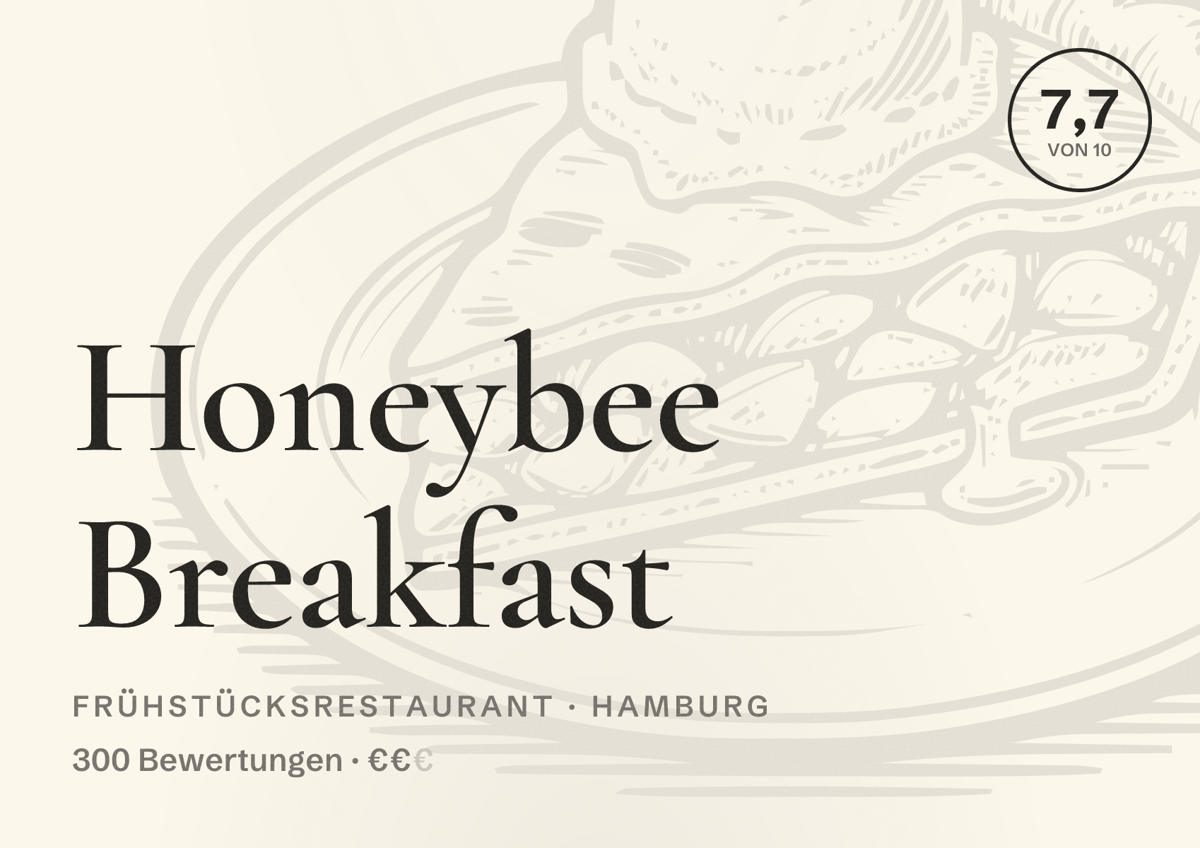 Illustriertes Poster von Honeybee Breakfast, Frühstücksrestaurant in Hamburg: Bewertung 7,7 von 10 aus 300 Bewertungen, Preisniveau €€