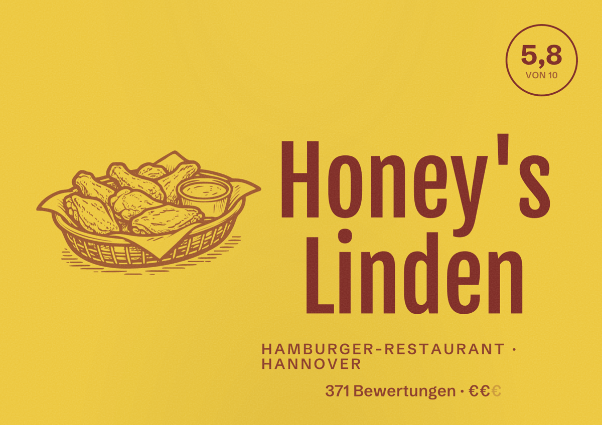 Illustriertes Poster von Honey's Linden, Hamburger-Restaurant in Hannover: Bewertung 5,8 von 10 aus 371 Bewertungen, Preisniveau €€